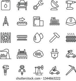 thin line vector icon set - concrete mixer vector, drill, construction helmet, hammer, working oil derrick, modern gas station, factory, hydroelectric, plug, industrial, production conveyor, drop