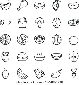 thin line vector icon set - sausage vector, burger, cake with a hole, hot porridge, chicken leg, bacon, piece of meat, French fries, branch grape, squash, tasty apple, strawberry, blackberry, radish