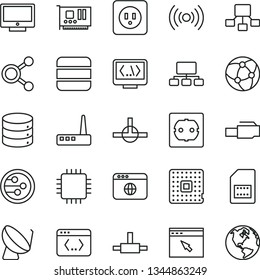 thin line vector icon set - power socket type b vector, f, screen, big data, processor, satellite dish, SIM card, connections, scheme, hierarchical, cpu, pc, router, network, browser, connect, earth