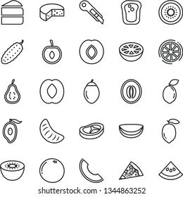 thin line vector icon set - stationery knife vector, cheese, piece of pizza, cake, bacon, cucumber, sandwich, plum, slice melon, half mango, peach, tangerine, cherry, lemon, kiwi, tamarillo, coconut