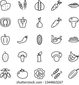 thin line vector icon set - fried vegetables on sticks vector, onion, slices of, mushroom, meat skewers, tomato, chili, peper, carrot, squash, mulberry, goji berry, sweet date fruit, apple stub, red