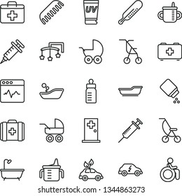thin line vector icon set - first aid kit vector, toys over the cot, mug for feeding, measuring cup, bottle, baby powder, stroller, carriage, summer, sitting, mercury thermometer, bath, comb, room