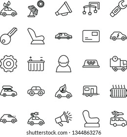 thin line vector icon set - truck lorry vector, horn, toys over the cot, Baby chair, car child seat, motor vehicle, key, pass card, delivery, big solar panel, battery, racer, eco, electric, retro