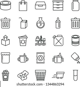 thin line vector icon set - wicker pot vector, bin, storage unit, mug for feeding, measuring cup, bottle, baby powder, packing of juice with a straw, dust, drawer, unpacking, canned goods, tin, jam