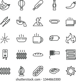 thin line vector icon set - mercury thermometer vector, heating coil, temperature, new radiator, boiler, coffee, sausage, loaf, Hot Dog, mini, noodles, porridge, chop, barbecue, cup of tea, outdoor