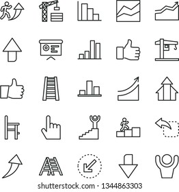 thin line vector icon set - upward direction vector, downward, line chart, positive histogram, a chair for feeding, crane, tower, stepladder, ladder, left bottom arrow, index finger, thumb up, move