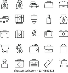 thin line vector icon set - paper bag vector, first aid kit, toys over the cot, of a paramedic, medical, portfolio, suitcase, glass tea, cart, briefcase, wallet, money, dollars, hand, car baggage