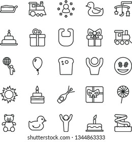 thin line vector icon set - toys over the cradle vector, bib, rubber duck, baby duckling, teddy bear, toy train, children's, balloon, cake, birthday, gift, Easter, slice, lollipop, giftbox, hands up