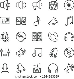 thin line vector icon set - bell vector, horn, silent mode, drumroll, drum, headphones, music, CD, volume, no sound, phone call, megaphone, loudspeaker, pc card, speaker, note, settings, microphone