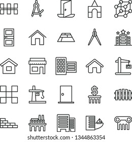 thin line vector icon set - box of bricks vector, house, dwelling, brick wall, ntrance door, interroom, buildings, city block, tile, ceramic tiles, fence, paving slab, home, industrial enterprise