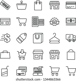 thin line vector icon set - paper bag vector, bank card, dollar, e, city block, cart, put in, with handles, cards, hanger, label, kiosk, stall, shopping, basket, reverse side of a, cash, hand, store
