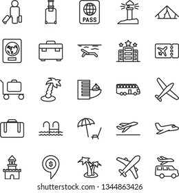 thin line vector icon set - suitcase vector, passport, coastal lighthouse, sand castle, dollar pin, plane, bus, passenger, rolling, ticket, departure, hotel, tent, beach, arnchair under umbrella