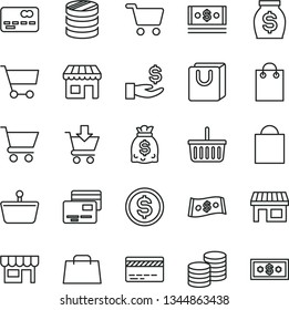 thin line vector icon set - paper bag vector, grocery basket, bank card, cart, put in, with handles, cards, kiosk, coins, stall, shopping, front of the, column, dollar, get a wage, money, dollars