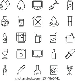 thin line vector icon set - measuring cup for feeding vector, e, packing of juice with a straw, drop, screen, glass soda, tea, can, bottle, liquor, round flask, oil, canister, monitor, test tube