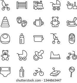 thin line vector icon set - baby cot vector, dummy, mug for feeding, bottle, measuring, diaper, bib, stroller, carriage, summer, sitting, stacking rings, roly poly doll, toy sand set, chair, small