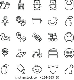 thin line vector icon set - baby powder vector, bib, Child T shirt, rubber duck, duckling, warm socks, toy mobile phone, children's potty, teddy bear, small, hairdo, train, yule, bicycle, lollipop