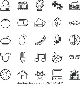 thin line vector icon set - desktop microphone vector, keyboard, t short, gears, home, globe, a bowl of rice porridge, small fish, lemon, slice pineapple, persimmon, hot pepper, peas, pipe, computer