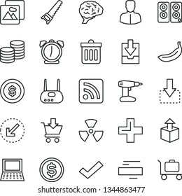 thin line vector icon set - plus vector, minus, check mark, rss feed, download archive data, drill, hand saw, dust bin, left bottom arrow, alarm clock, picture, put in cart, coins, unpacking, banana