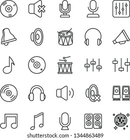 thin line vector icon set - bell vector, desktop microphone, horn, loudspeaker, silent mode, drumroll, drum, headphones, music, CD, regulator, volume, no sound, pc speaker, note, settings