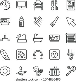 thin line vector icon set - rss feed vector, feeding bottle, iron fork spoons, small yule, winch hook, concrete mixer, arm saw, bath, power socket type b, spatula, knife, heating coil, radiator
