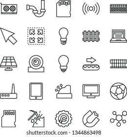 thin line vector icon set - laptop vector, sewerage, bulb, star gear, new radiator, screen, size, solar panel, coal mining, light, production conveyor, horseshoe magnet, cashbox, tablet pc, fan, sd