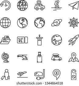 thin line vector icon set - sign of the planet vector, paper airplane, motor vehicle present, map, earth, history, globe, saturn, rocket, helicopter, dollar pin, car baggage, backpacker, passenger