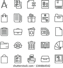 thin line vector icon set - bin vector, paper bag, clean sheet of, folder, e, sample colour, book, drawer, delete page, survey, gift, coffe to go, scribed compasses, portfolio, article on the dollar