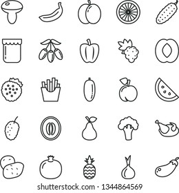 thin line vector icon set - mushroom vector, chicken, cucumber, French fries, jam, strawberries, a pineapple, pear, orange slice, peach, apple, pomegranate, grape, tasty mulberry, goji berry, half