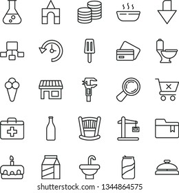 thin line vector icon set - downward direction vector, first aid kit, folder bookmark, cradle, box of bricks, washbasin, toilet, crossed cart, package, coins, torte, hot porridge, soda can, popsicle