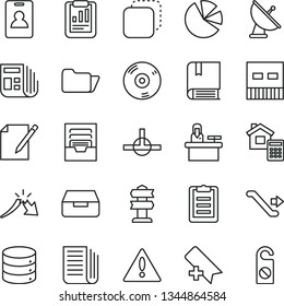 thin line vector icon set - warning vector, add bookmark, archive, e, estimate, big data, drawer, notes, copy, a crisis, statistical report, pie charts, morning paper, newspaper, usb, cd, folder
