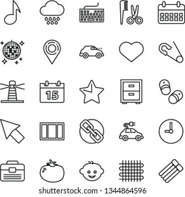 thin line vector icon set - heart symbol vector, keyboard, spectacles, bedside table, open pin, accessories for a hairstyle, cloud, children's hairdo, child shoes, window frame, portfolio, calendar