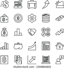 thin line vector icon set - growth up vector, dollar, bar chart, abacus, case, math actions, column of coins, financial item, hand shake, purse, dollars, statistical research, engineer calculator