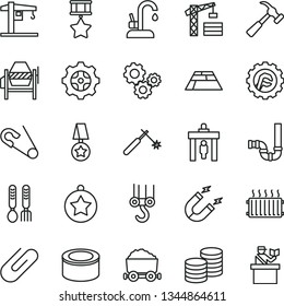 thin line vector icon set - open pin vector, iron fork spoons, crane, tower, winch hook, concrete mixer, siphon, star gear, paving slab, kitchen faucet, hammer with claw, coins, clip, canned goods
