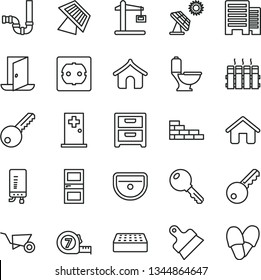 thin line vector icon set - house vector, brick wall, building trolley, long meashuring tape, sink, toilet, siphon, power socket type f, key, interroom door, buildings, putty knife, radiator, sun