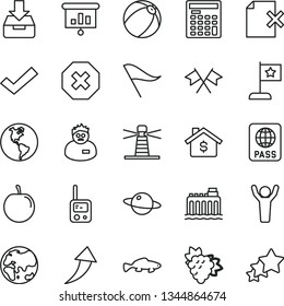 thin line vector icon set - mark of injury vector, wind direction indicator, check, baby bath ball, toy phone, passport, put in a box, delete page, planet, small fish, branch grape, tasty plum