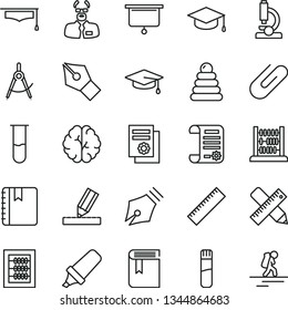 thin line vector icon set - yardstick vector, book, new abacus, stacking rings, writing accessories, drawing, notebook, square academic hat, clip, scribed compasses, text highlighter, test tube