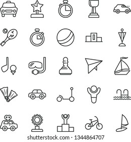 thin line vector icon set - stopwatch vector, bath ball, motor vehicle, present, Kick scooter, timer, car, retro, winner, pedestal, podium, cup, gold, pawn, star reward, pennant, sail boat, bike