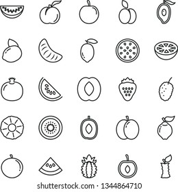 thin line vector icon set - strawberry vector, apple, ripe peach, pomegranate, quince, tasty mulberry, slice of water melon, half mango, delicious plum, tangerine, cherry, lemon, yellow, kiwi, stub