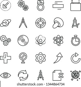 thin line vector icon set - prohibition vector, renewal, plus, minus, clockwise, cogwheel, left bottom arrow, eye, timer, CD, delete page, porcini, accumulator, gears, Measuring compasses, atom, aim