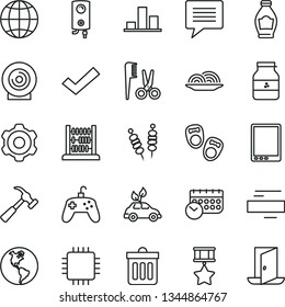 thin line vector icon set - image of thought vector, minus, check mark, accessories for a hairstyle, shoes little children, abacus, cogwheel, boiler, hammer with claw, dust bin, earth, lens, onion
