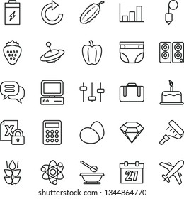 thin line vector icon set - daily calendar vector, clockwise, nappy, plates and spoons, yule, paint roller, plummet, cake, eggs, strawberry, mint, Bell pepper, cucumber, charging battery, calculator