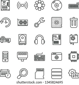 thin line vector icon set - keyboard vector, processor, fan, pc power supply, tower, motherboard, cpu, gpu card, hdd, cd, headphones, browser, trash bin, lan connector, wireless, projector, sd