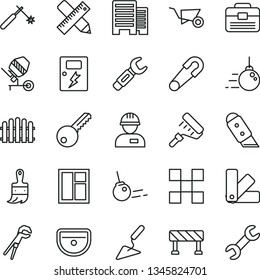 thin line vector icon set - safety pin vector, workman, big core, building trolley, trowel, concrete mixer, window, adjustable wrench, paint roller, color samples, wooden brush, portfolio, sink, key