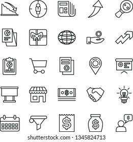 thin line vector icon set - growth up vector, kiosk, cart, billboard, location, magnifying glass, water filter, goal woman, globe, recession, statistical overview, financial item, catch a coin, cash