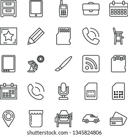 thin line vector icon set - tassel vector, desktop microphone, calendar, rss feed, a chair for feeding child, concrete mixer, nightstand, phone call, jam, big solar panel, retro car, SIM card, sd