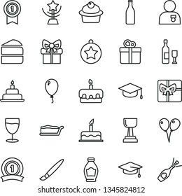 thin line vector icon set - tassel vector, colored air balloons, balloon, cake, birthday, gift, square academic hat, muffin, piece of, slice, torte, glass, bottle, giftbox, gold cup, star, graduate