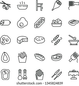 thin line vector icon set - plates and spoons vector, a chair for feeding, plastic fork, sausage, stick of, cheese, Hot Dog, spaghetti, noodles, porridge, lettuce in plate, grill chicken leg, bacon