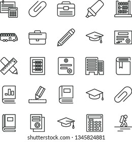 thin line vector icon set - clip vector, briefcase, graphite pencil, book, new abacus, portfolio, buildings, writing accessories, drawing, calculation, square academic hat, text highlighter, patente