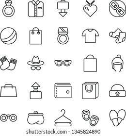 thin line vector icon set - paper bag vector, purse, spectacles, hat with glasses, bath ball, warm socks, Knitted, shoes for little children, winter, handles, T shirt, folded, hanger, hand, gold