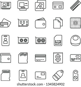 thin line vector icon set - bank card vector, purse, clean paper, baby bib, picture, pass, label, processor, SIM, reverse side of a, front the, financial item, wallet, memory, pc, gpu, sd, identity